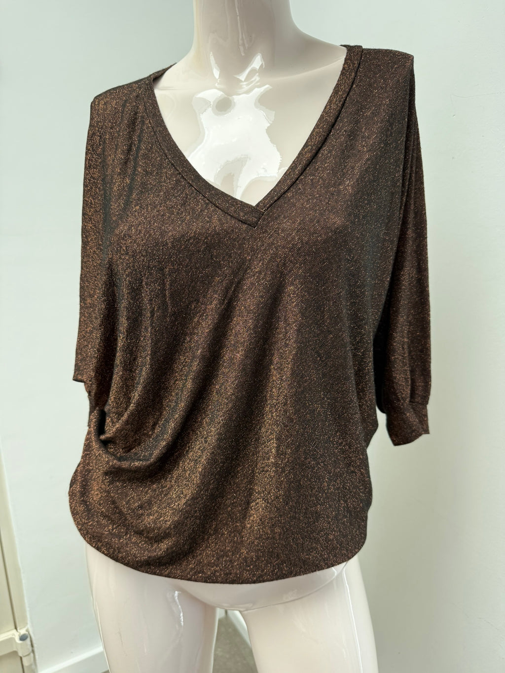Amélie & Amélie - Top - bruin/goud, metallic glans, driekwart mouw - L
