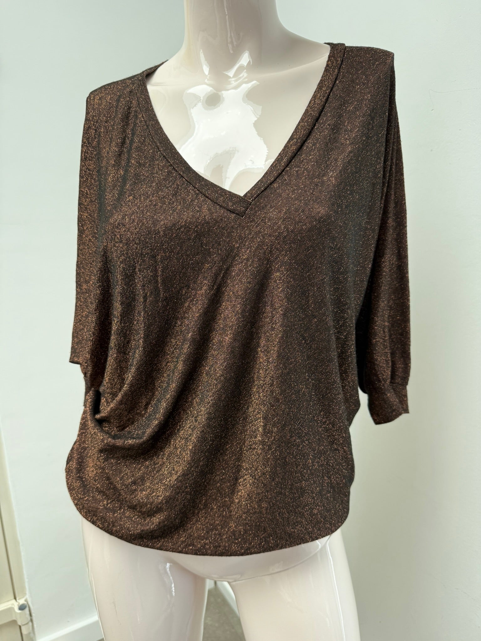 Amélie & Amélie - Top - bruin/goud, metallic glans, driekwart mouw - L