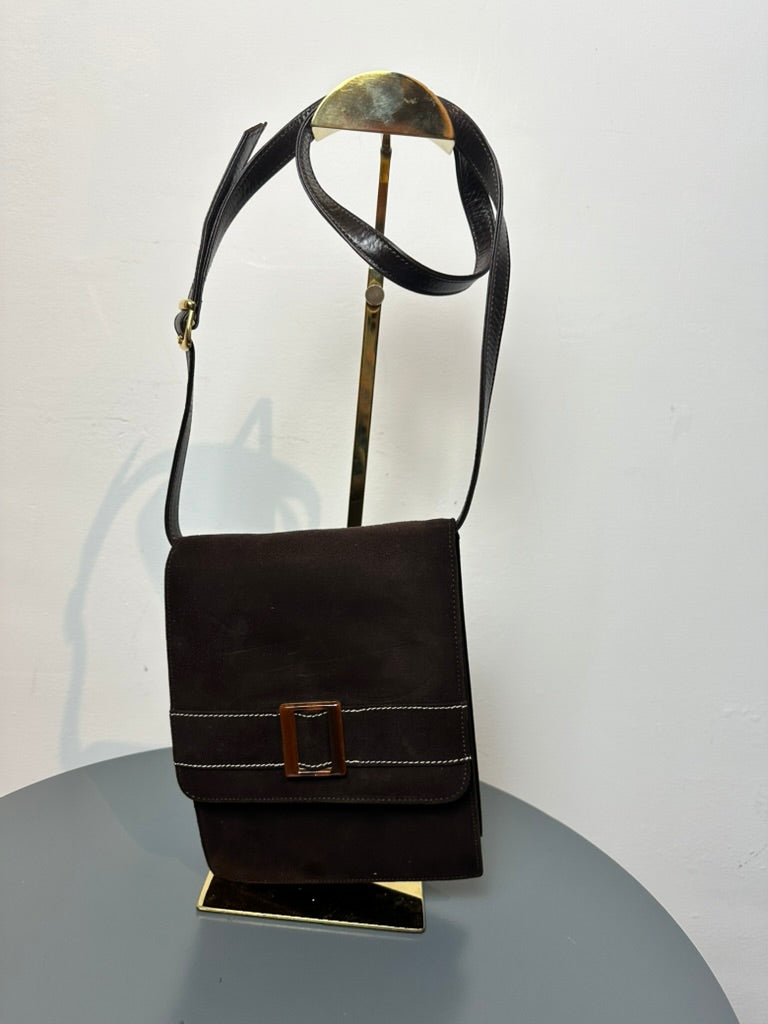 MAB STUDIO - Schoudertas - bruin leer, flap met metalen gesp, contrasterende stiksels - 1 maat