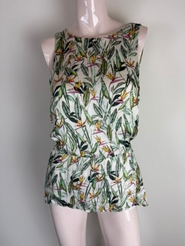 ESPRIT - Top - tropische bloemen- en bladerenprint, mouwloos, getailleerde taille - S