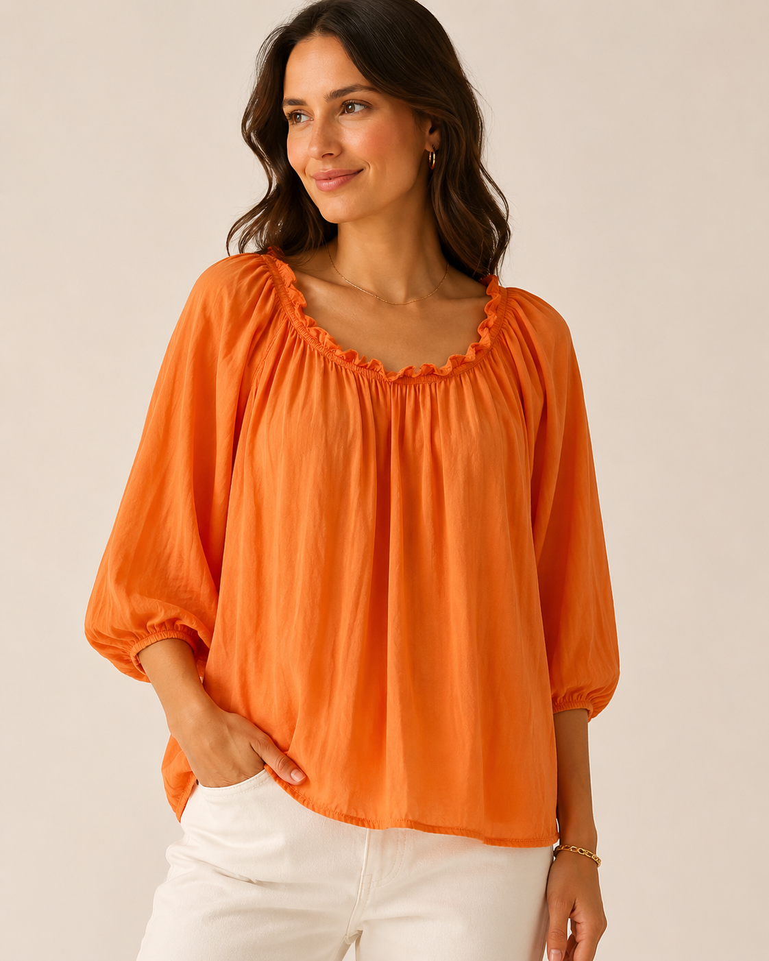 No.lita oranje top met wijde hals maat L