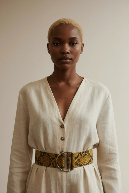 Close-up of the model wearing ba&sh Leren Riem Slangenprint Maat 75 – Gele Pythonlook Taille- en Heupriem