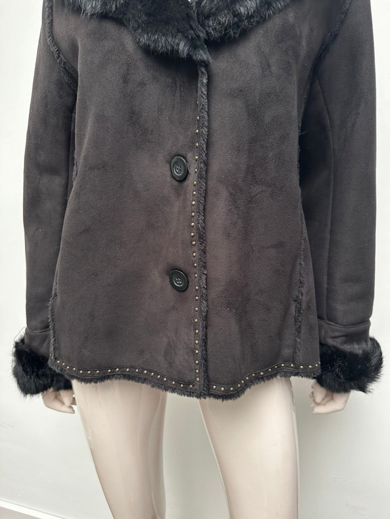 GERARD DAREL - Jas - zwart, imitatiebontkraag, knoopsluiting - XL