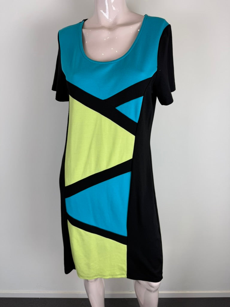 MICHA - Jurk - kleurblok, turquoise/geel/zwart, korte mouw - XL