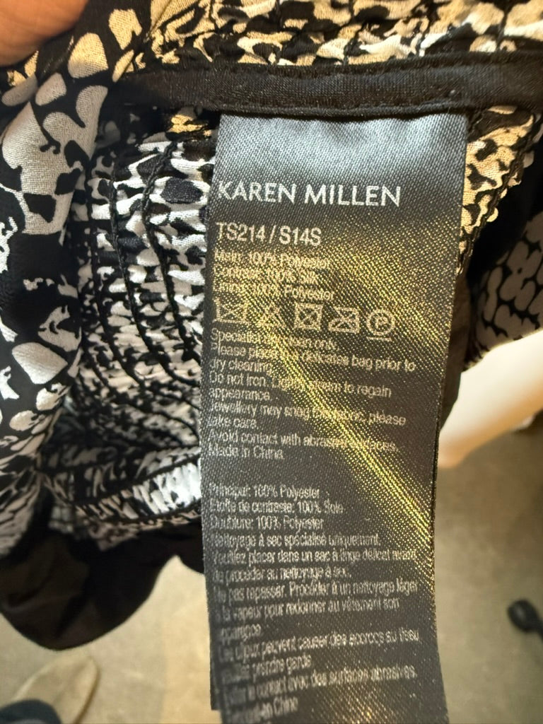 Karen Millen - Blouse - zwart-wit dierenprint, korte mouwen, gesmockte taille - S