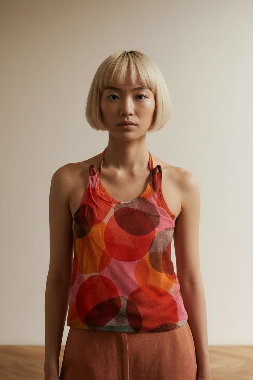 Close-up of the model wearing WAX Tank top maat 40 rood