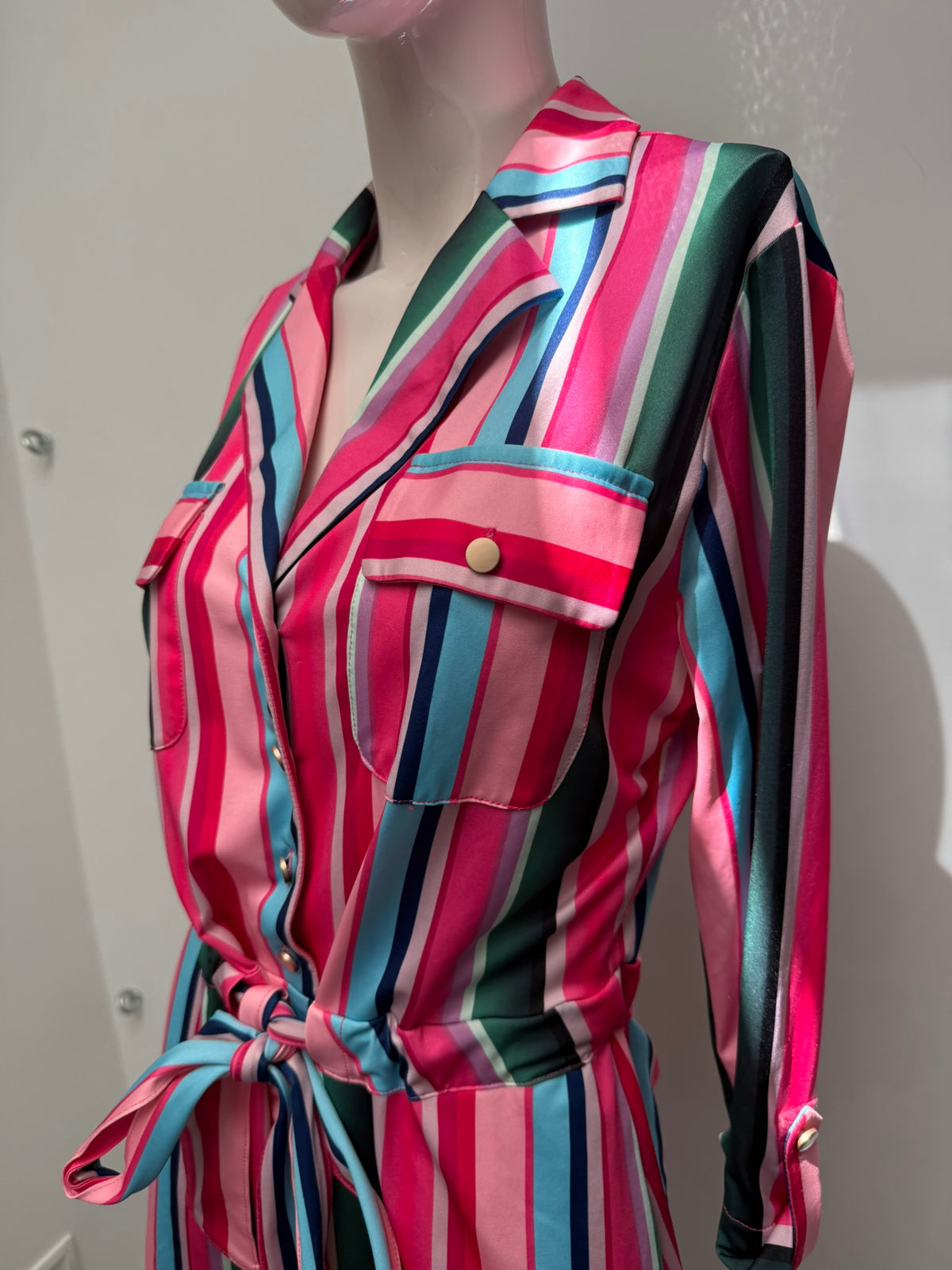 K Design - Jurk - gestreept, knoopsluiting voor, ceintuur maat S