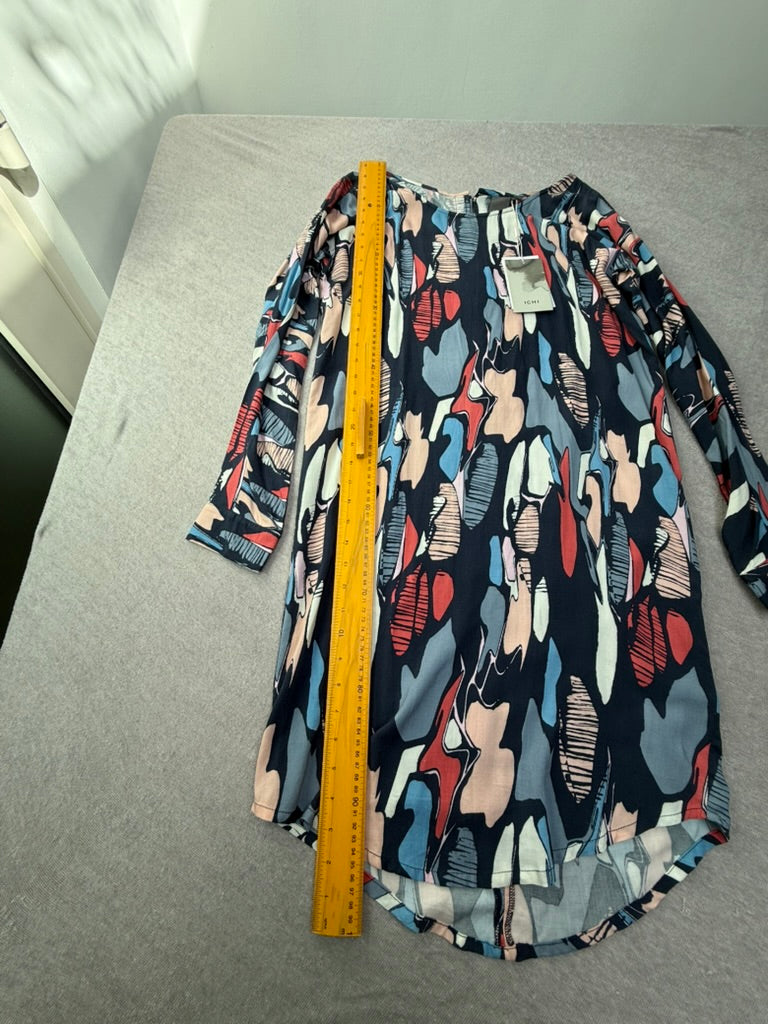 ICHI - Jurk - meerkleurig, abstract patroon, lange mouwen - S