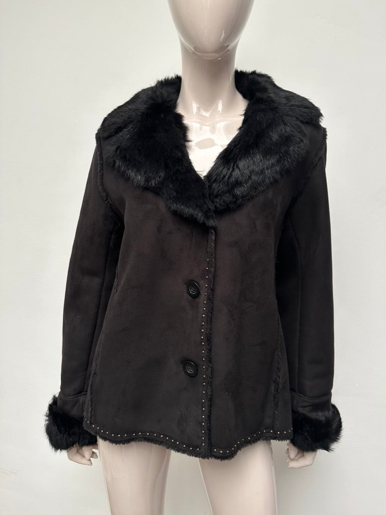 GERARD DAREL - Jas - zwart, imitatiebontkraag, knoopsluiting - XL