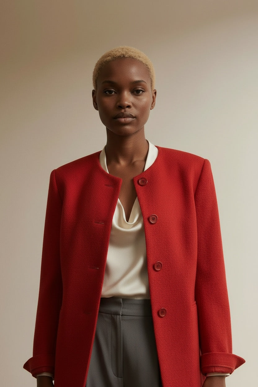 Close-up of the model wearing Gelynsse Blazer maat 42 Rood