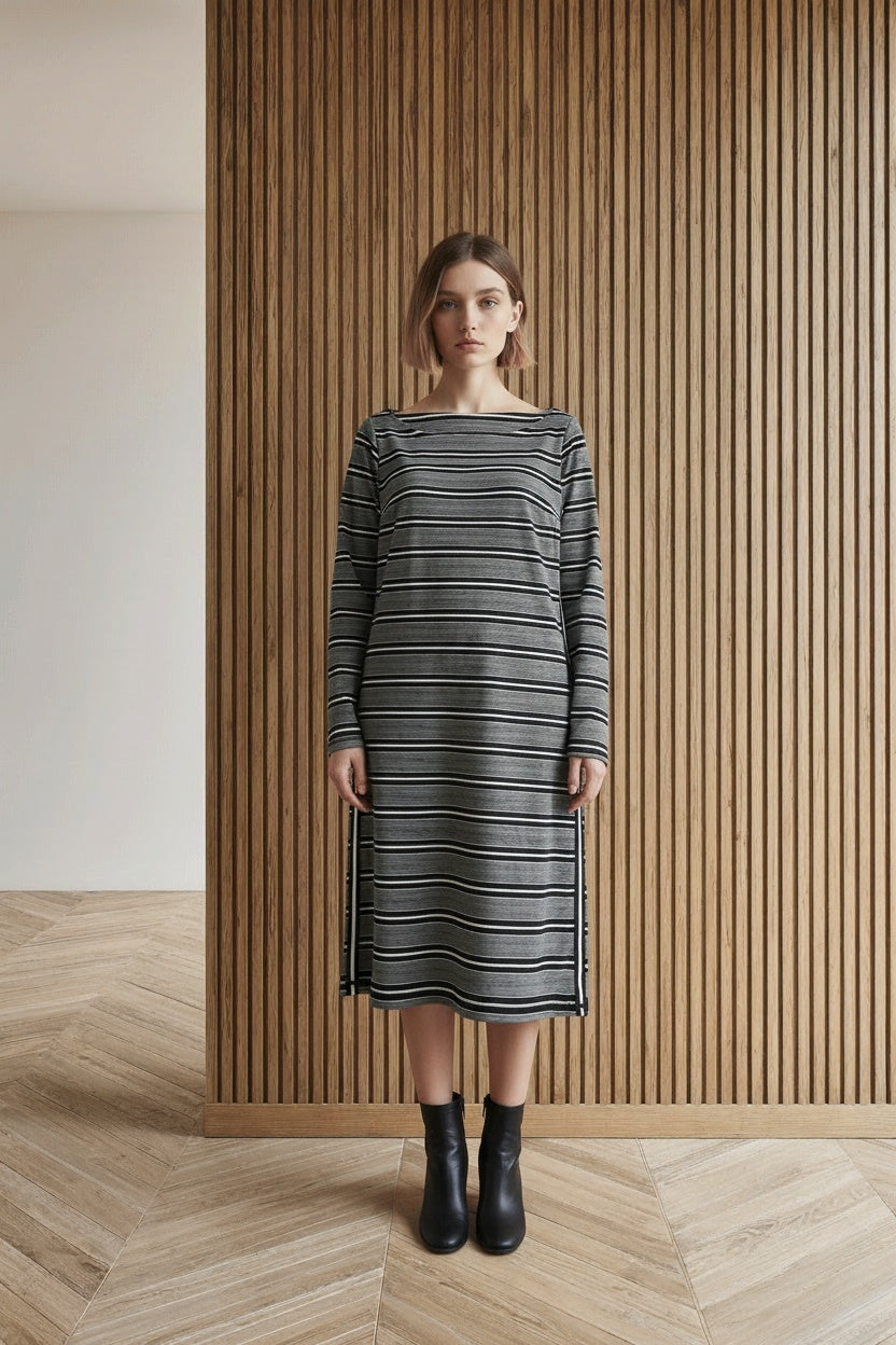 Full body view of the model wearing Studio Anneloes gestreepte midi jurk zwart/wit maat S