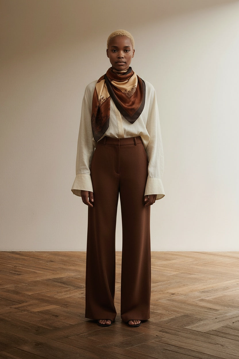 Full body view of the model wearing Vintage Texture Sjaal 78 x 78 cm – Bruine Bloemenprint Vierkante Sjaal Made in Italy