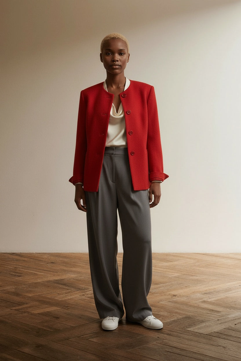 Full body view of the model wearing Gelynsse Blazer maat 42 Rood