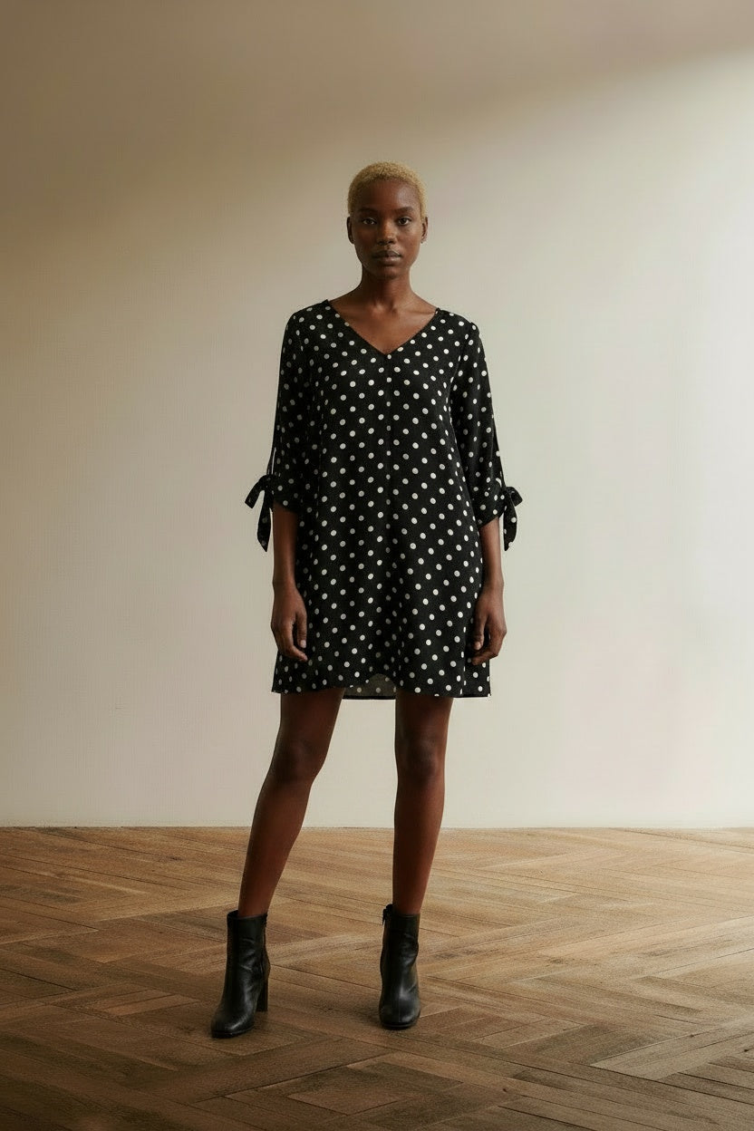 Full body view of the model wearing OPUS Jurk maat 36 zwart