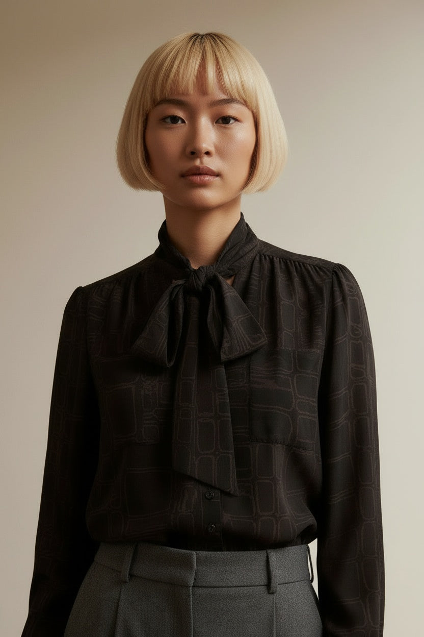 Close-up of the model wearing Laundry Industry Blouse maat M Zwart/Lichtbruin