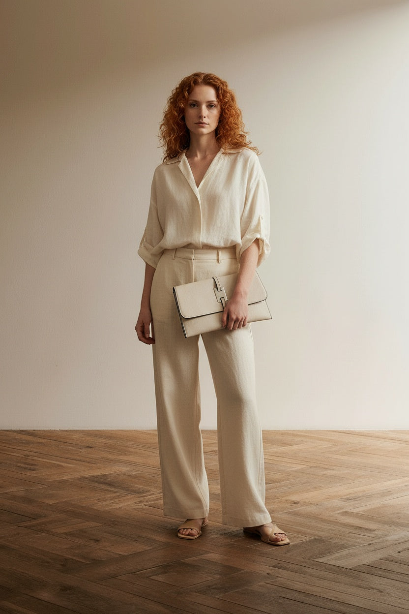 Full body view of the model wearing Crossbody tas Crème