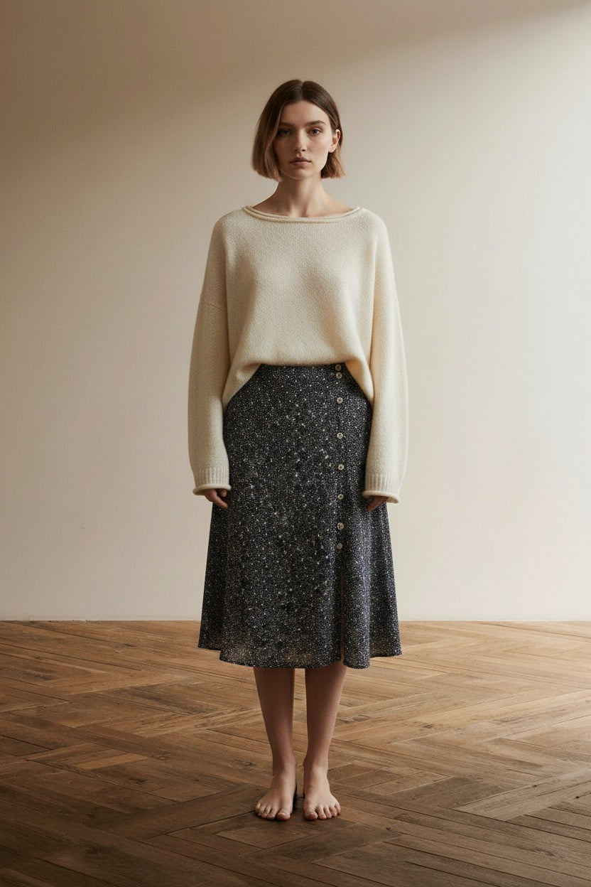 Full body view of the model wearing Grace & Mila rok maat M