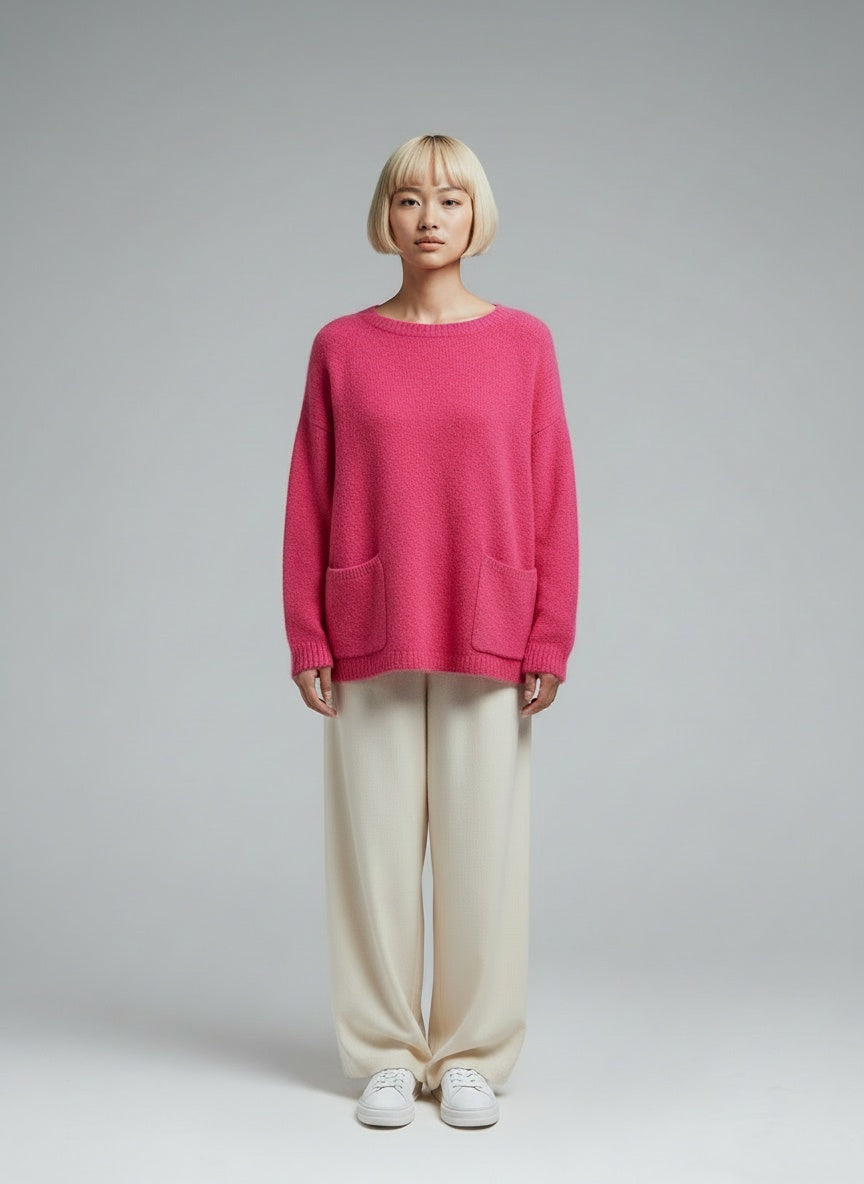 Full body view of the model wearing Essentiel Antwerp roze trui maat XS