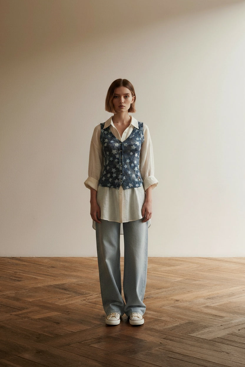 Full body view of the model wearing Marc Cain Top maat N3 blauw