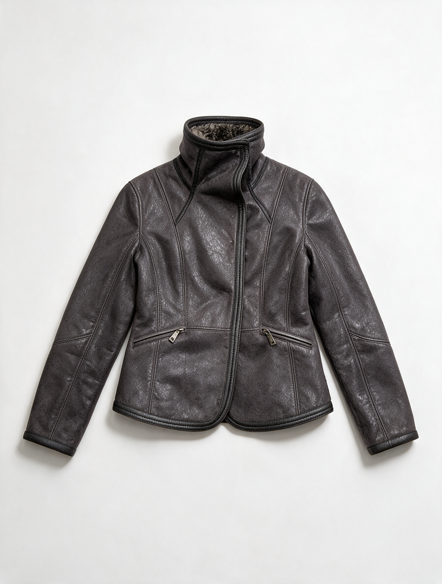 Armani Jeans - Jas - bruin, leerlook, asymmetrische ritssluiting - M/L