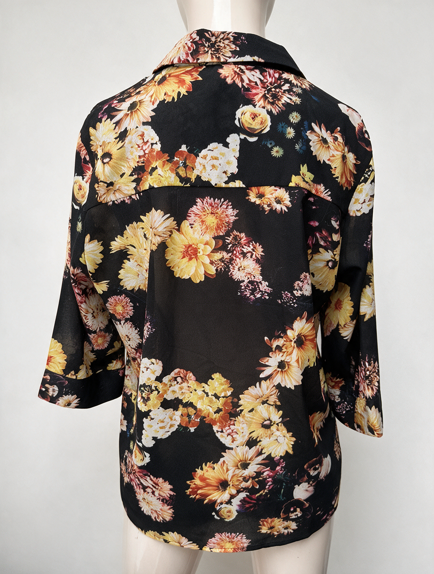 SELECTED - Blouse - zwart, bloemenprint, korte mouw - S