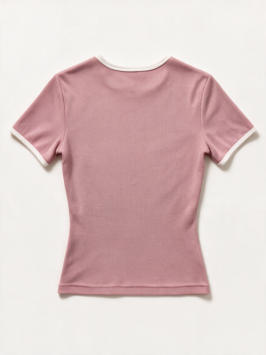 REINDERS - T-shirt - roze/wit, geribde stretch, contrastboorden - XS