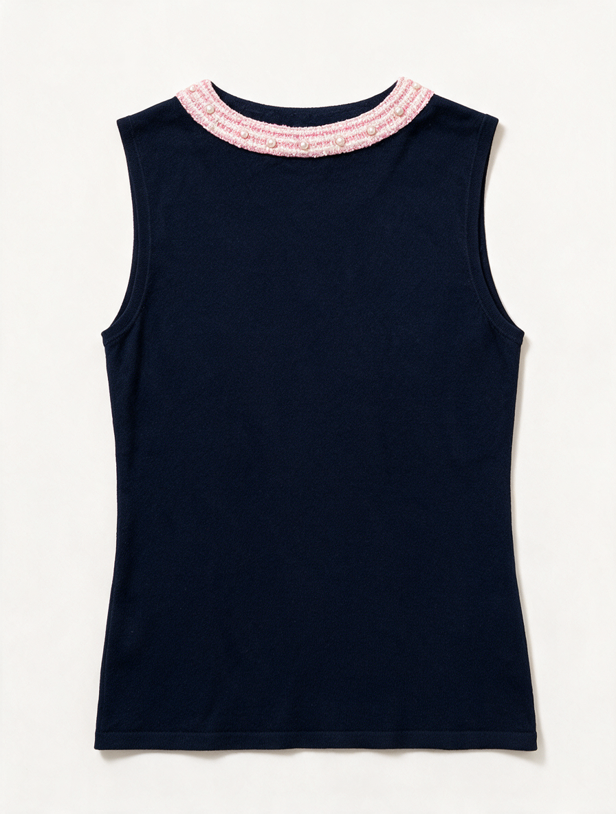 LÉO GUY - Top - donkerblauw, ronde hals, brede contrastboord - XL
