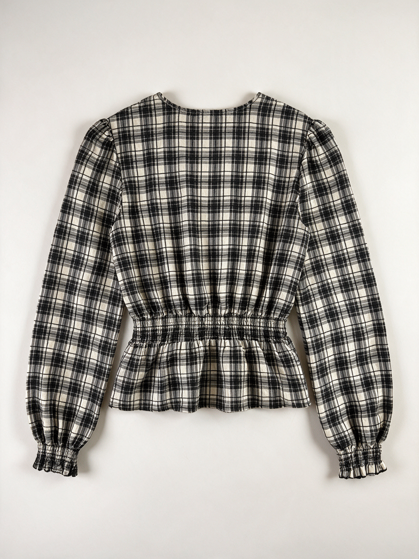 Zwart-wit geruite blouse met lichtgele accenten van Cotton Club, achterkant liggend