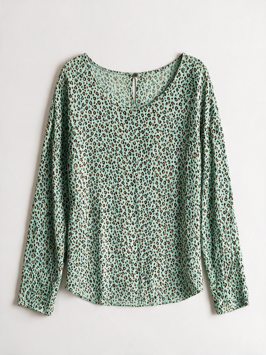 Miss E Studio - Blouse - mintgroen, panterprint, trekkoord - M