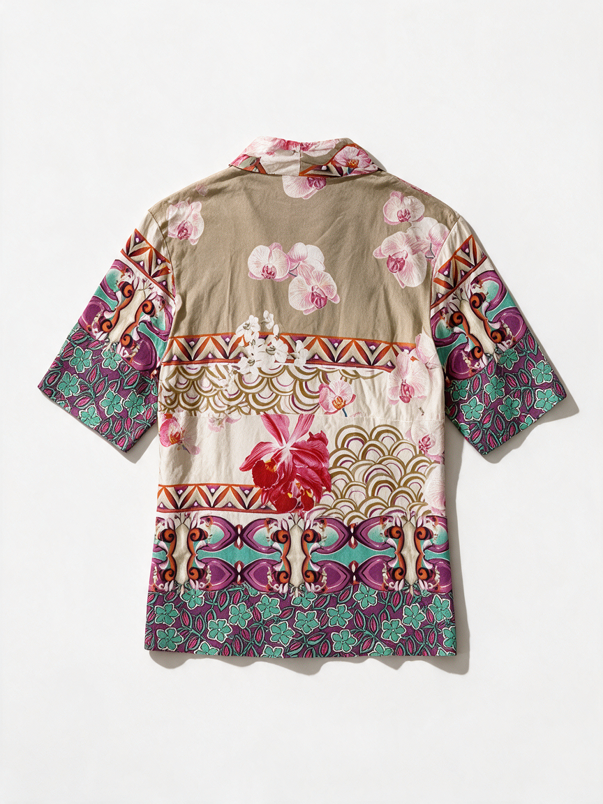 Beige wijdvallende top met kleurrijke bloemenprint en geometrische banen, achterkant liggend