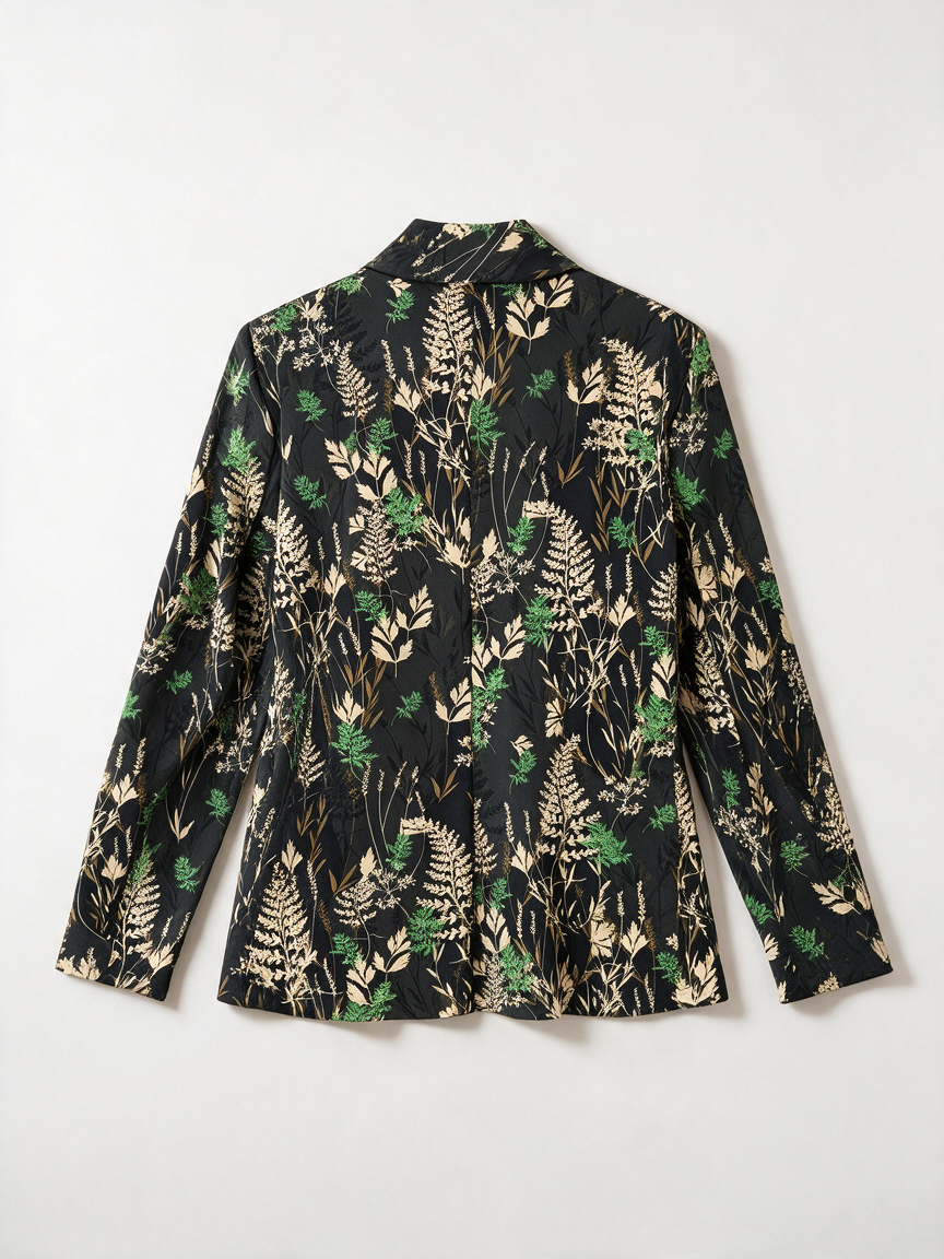 Zwarte blazer met botanisch dessin van Tramontana, achterkant liggend