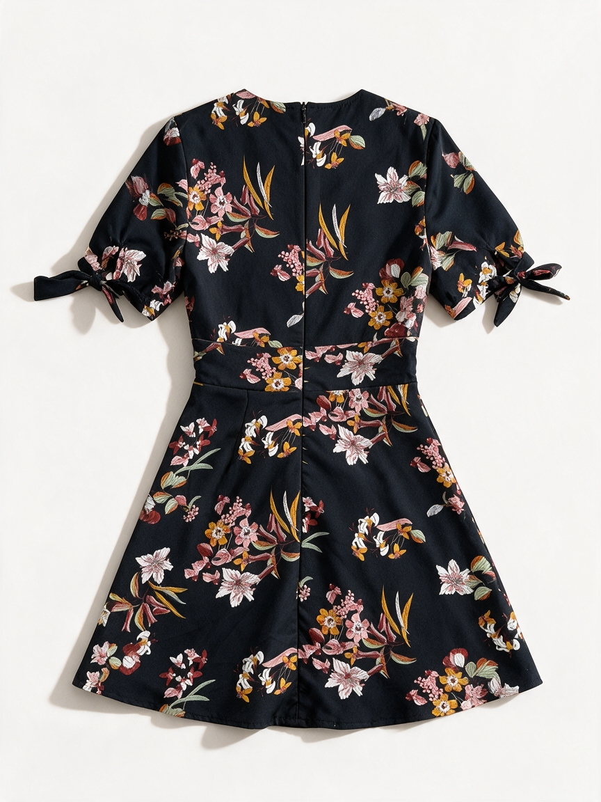 Zwarte A-lijn jurk met kleurrijke bloemenprint van Pull&Bear, achterkant liggend