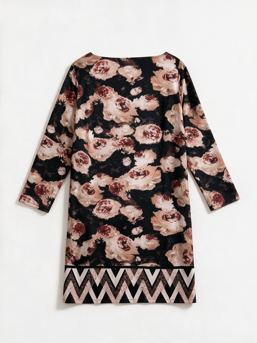 norah - Jurk - bloemenprint, lange mouwen, zigzagrand - L