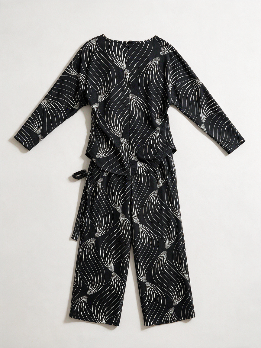K Design - Set - zwart-wit abstracte print, wijde broek, hoge taille - M