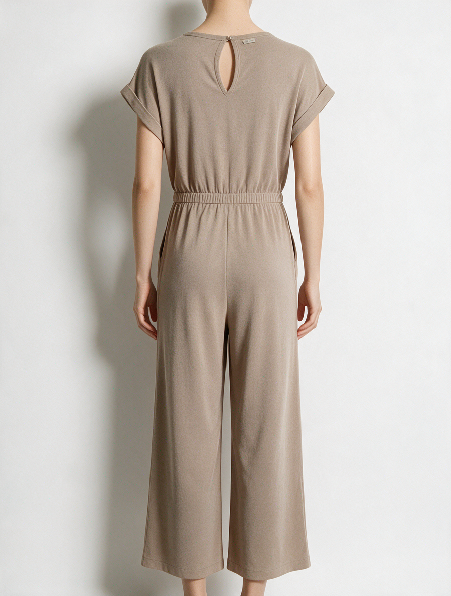 NED. - Jumpsuit - beige, korte mouwen, wijde pijpen