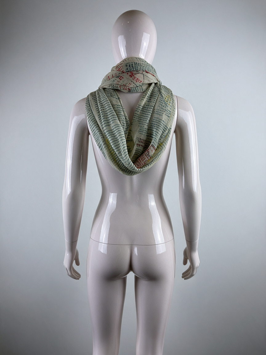 Licht mintgroene infinity sjaal met meerkleurige tekstprint, achterkant op paspop