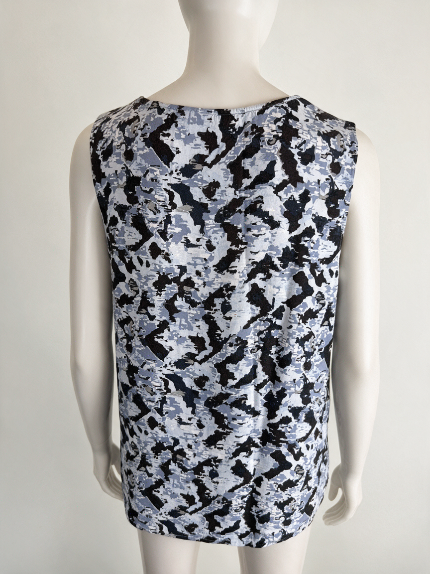 ICHI - Top - blauw-wit-zwart, abstracte print, mouwloos - L