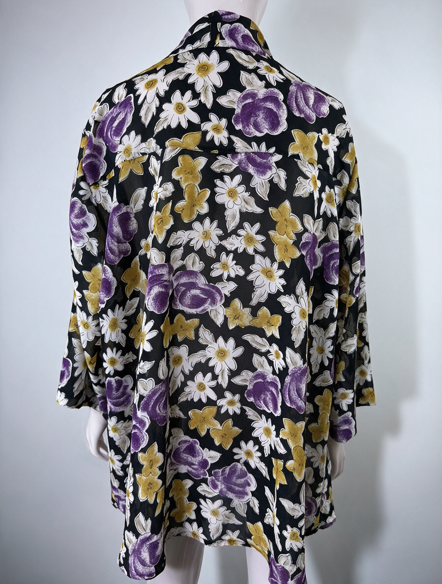 Primavera - Blouse - zwart met bloemenprint, open model - maat L
