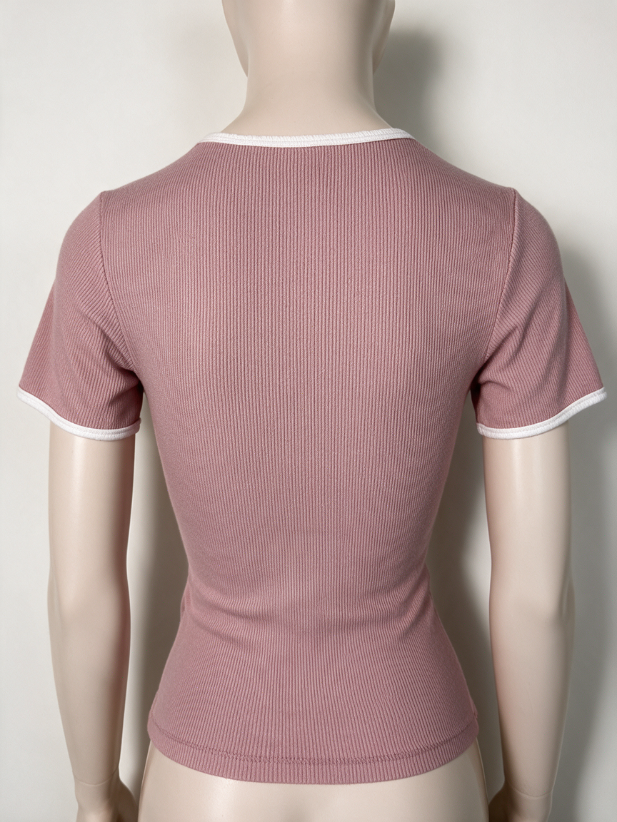 REINDERS - T-shirt - roze/wit, geribde stretch, contrastboorden - XS