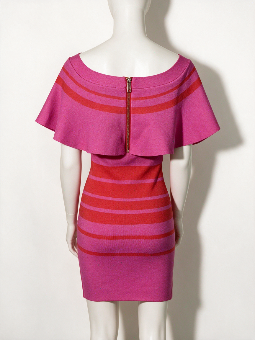 JOSH V - Jurk - roze/rood, horizontale strepen, volant - S