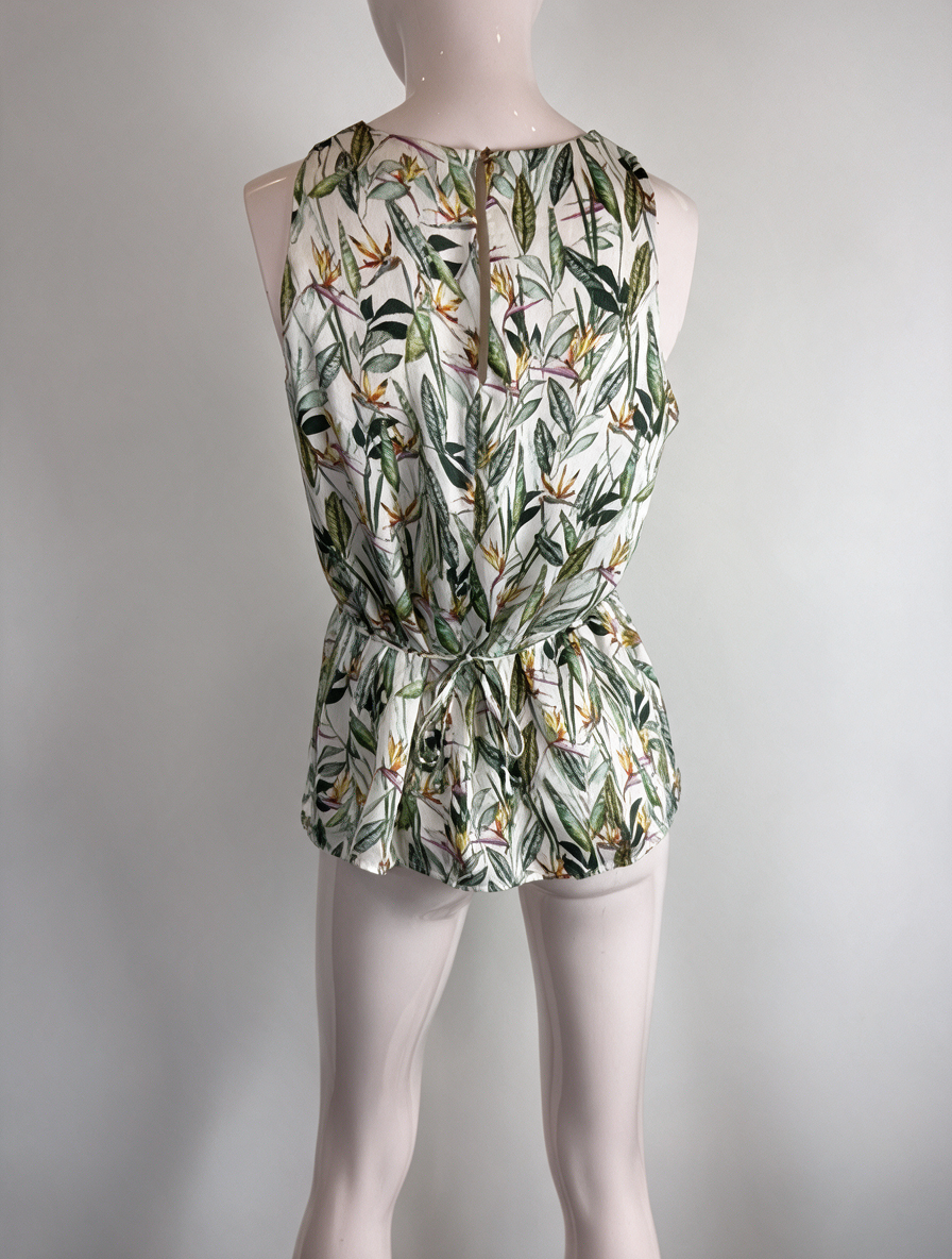 ESPRIT - Top - tropische bloemen- en bladerenprint, mouwloos, getailleerde taille - S