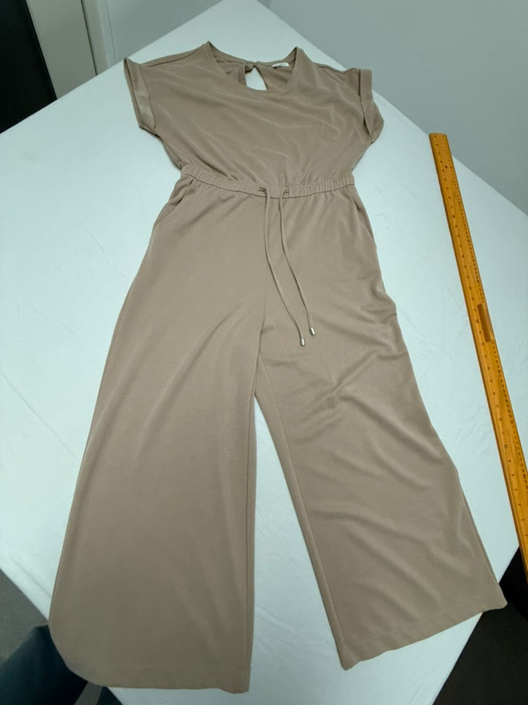 NED. - Jumpsuit - beige, korte mouwen, wijde pijpen