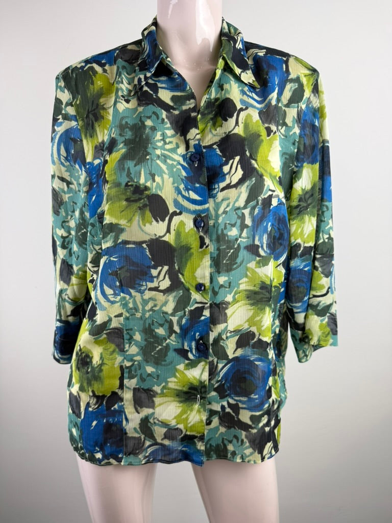 Erfo - Blouse - meerkleurige bloemenprint, licht geribbelde stof - maat 44