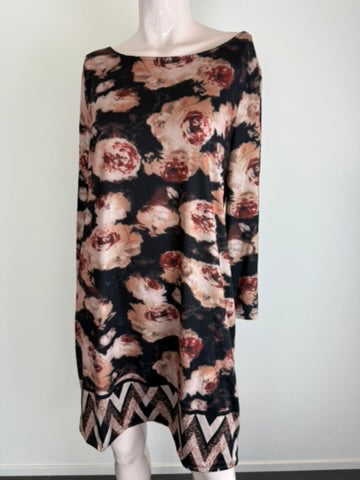 norah - Jurk - bloemenprint, lange mouwen, zigzagrand - L