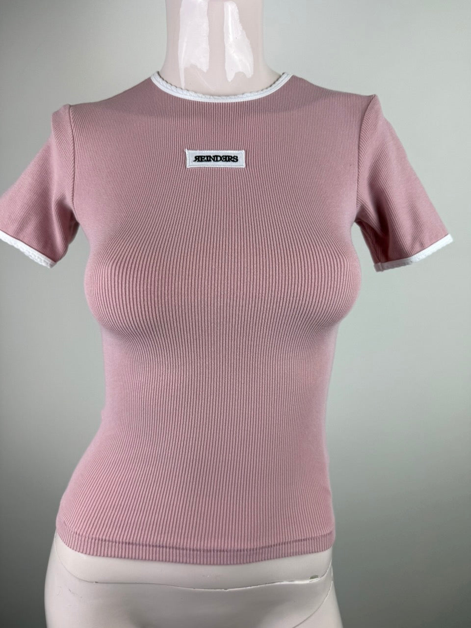 REINDERS - T-shirt - roze/wit, geribde stretch, contrastboorden - XS