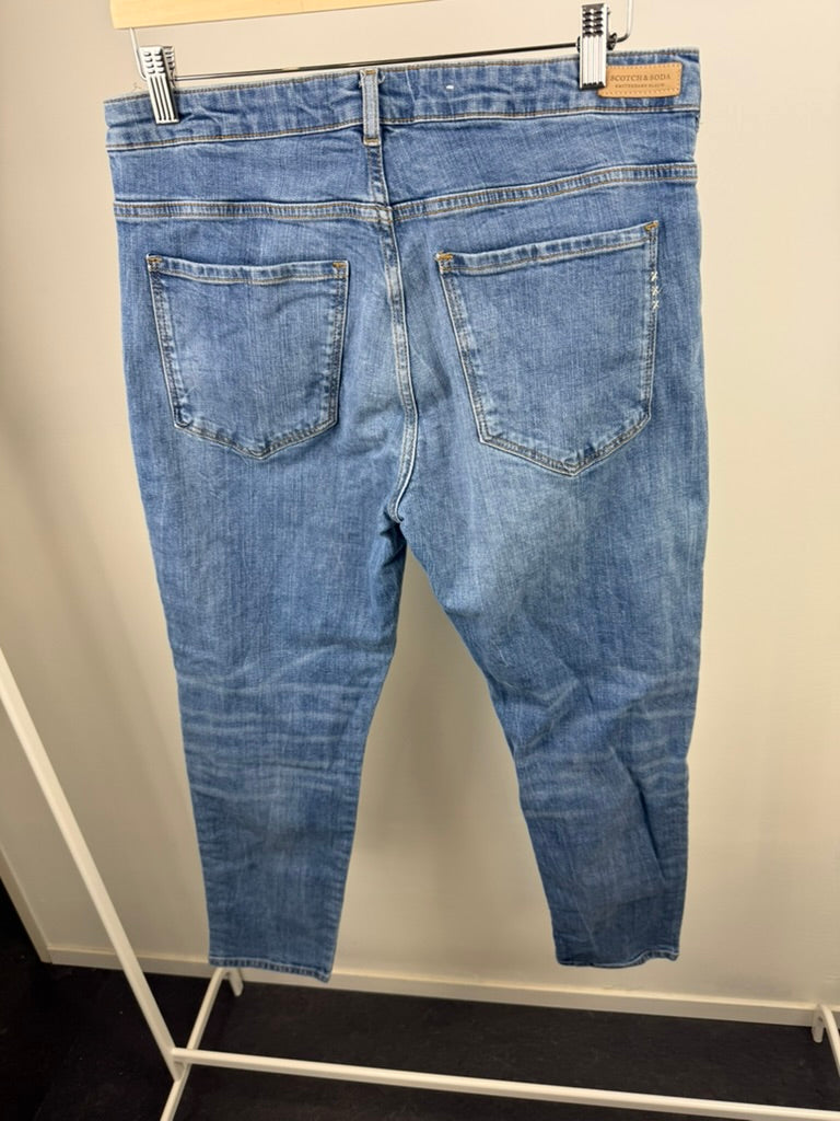 Scotch & Soda Broek - blauw denim, rechte pasvorm, zijbies met tekst - maat XL