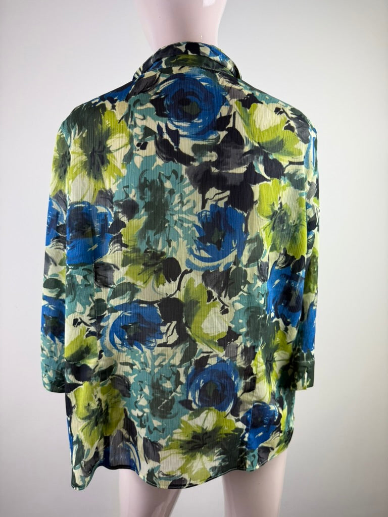 Erfo - Blouse - meerkleurige bloemenprint, licht geribbelde stof - maat 44