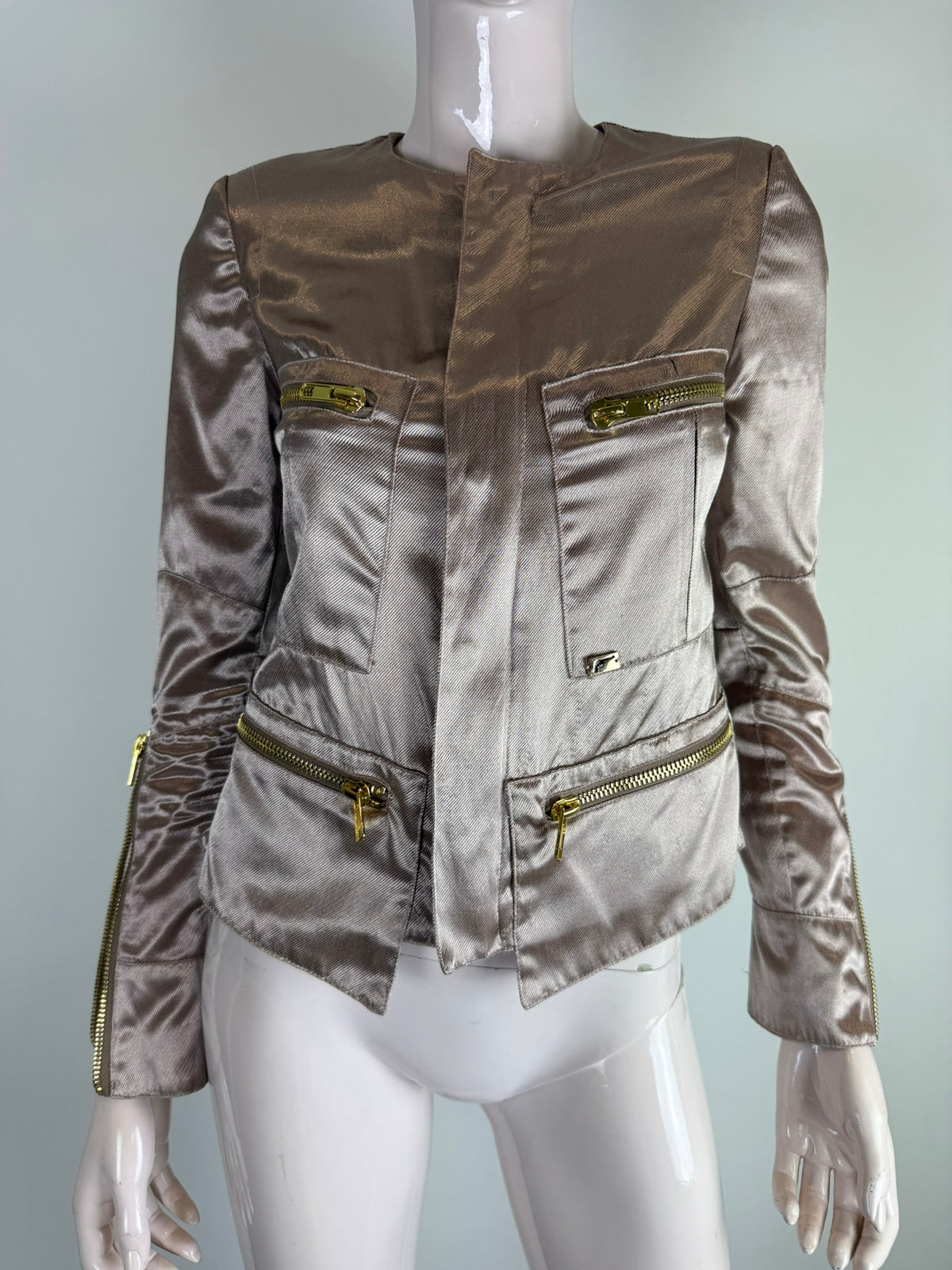 JOSH V - Jas - metallic glans, zilver-taupe, goudkleurige ritsdetails - XS