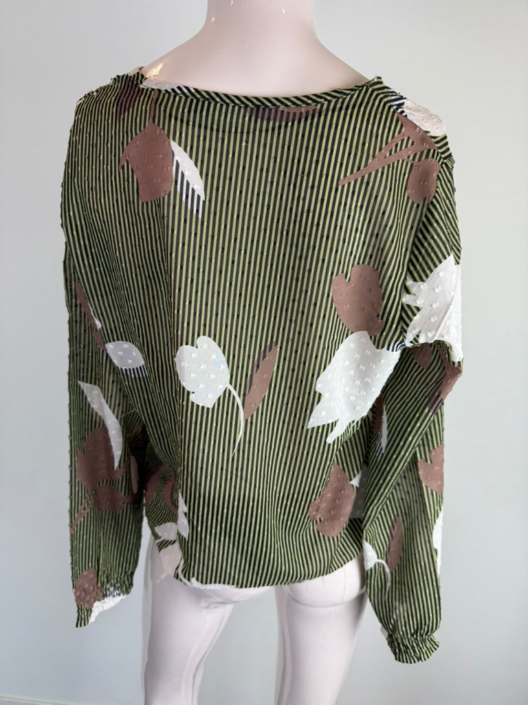 Geisha - Blouse - groen, bladprint, striksluiting - S