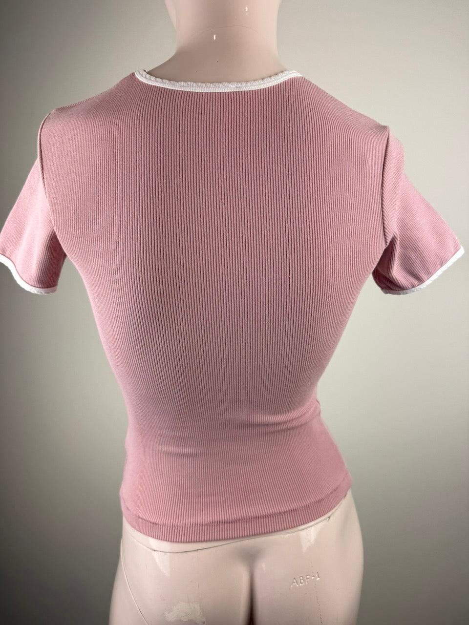 REINDERS - T-shirt - roze/wit, geribde stretch, contrastboorden - XS